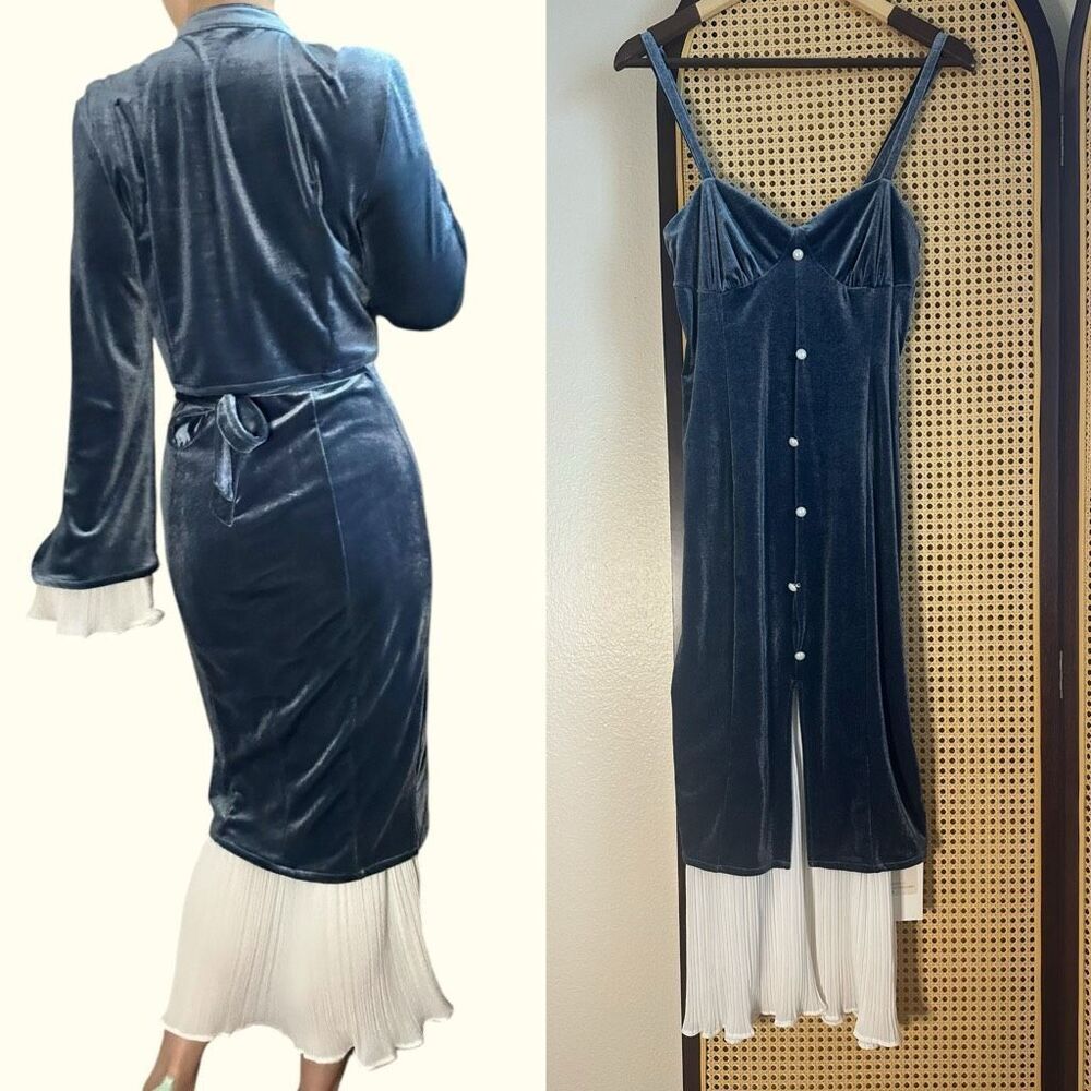 NWT Pink Savior Club Blue Velvet Mandarin‎ Collar 2-Piece Dress Set Size M - Picture 2 of 10